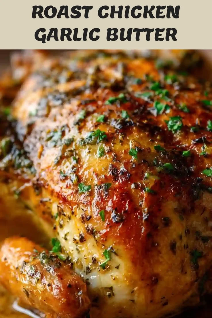Roast chicken seasoned with garlic butter ready to be served.