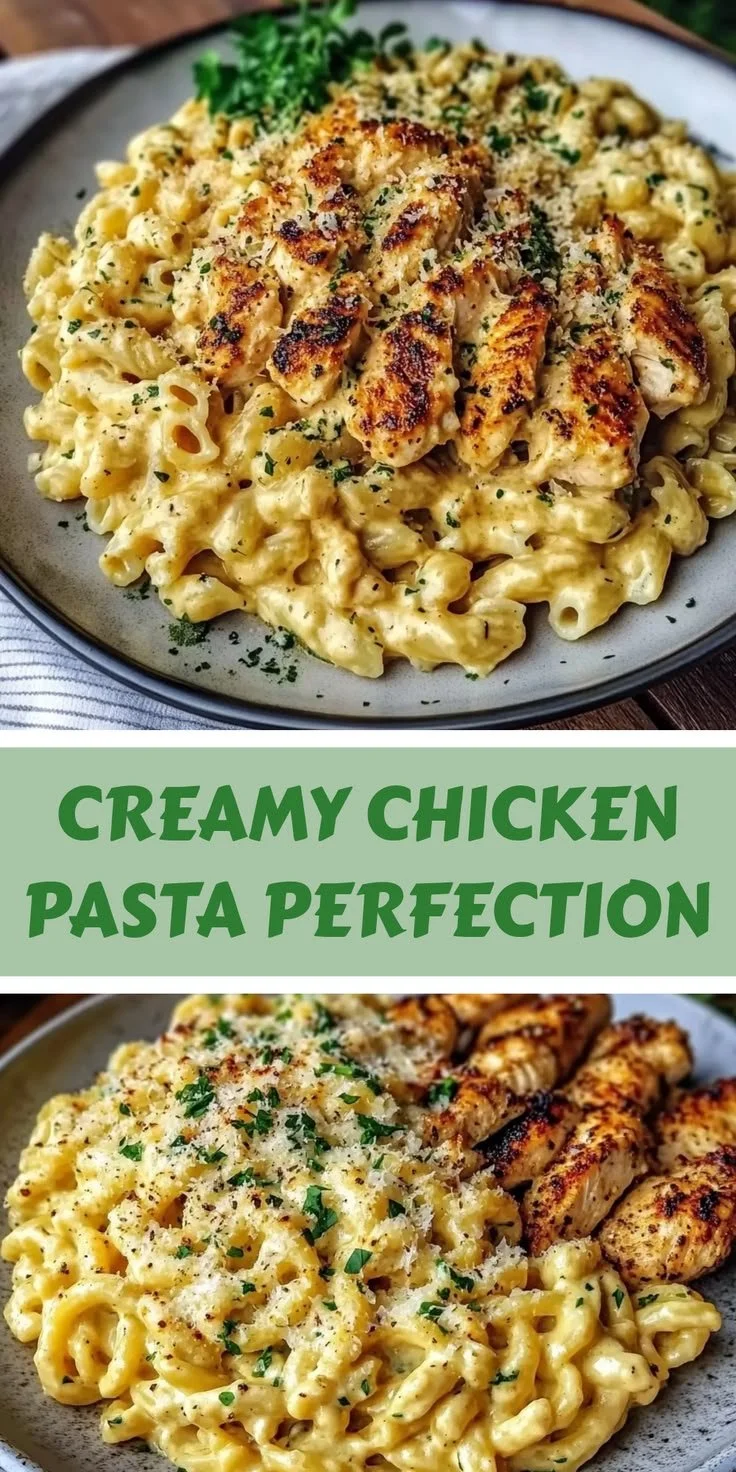 Creamy chicken pasta dish served in a bowl with herbs and parmesan cheese.