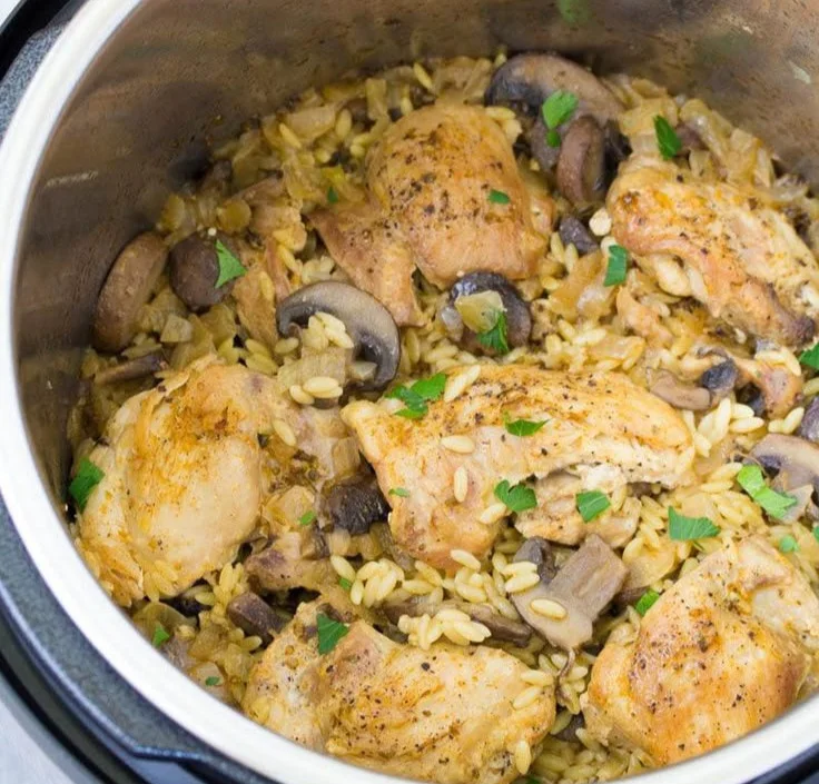 Instant Pot chicken and mushrooms dish served in a bowl