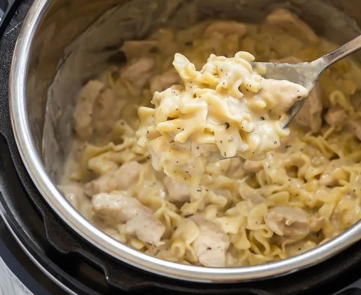 Instant Pot chicken and noodles in a bowl, garnished with herbs