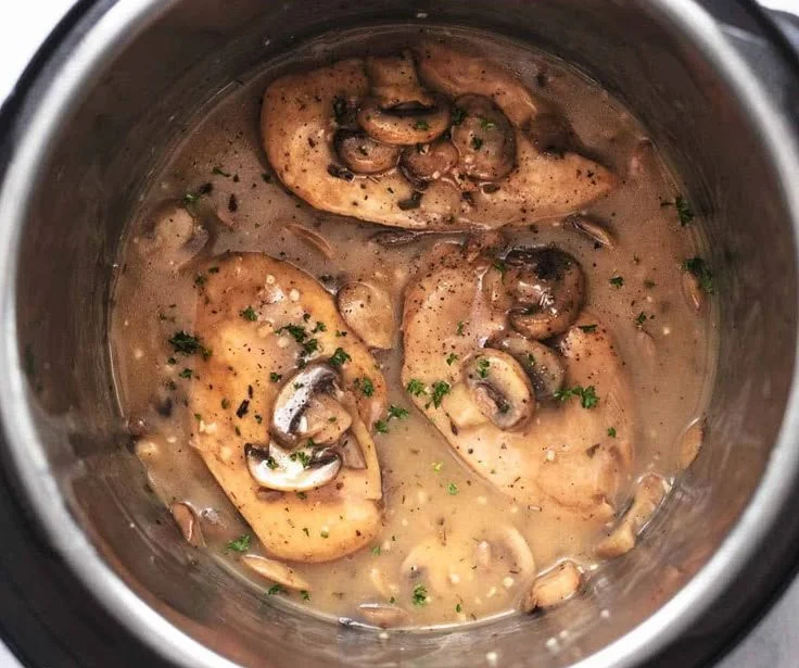 Instant Pot Chicken Marsala dish with mushrooms and wine sauce