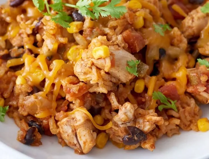Delicious Instant Pot weeknight chicken and rice burrito bowls served in a bowl.