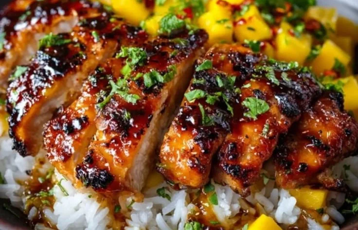 Delicious mango glazed chicken twists served on a plate with garnish.