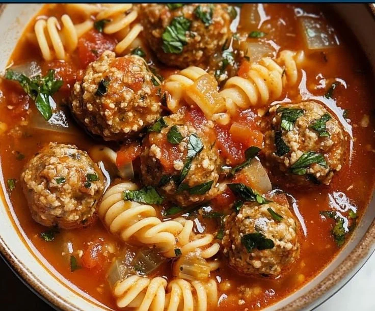 Bowl of Italian meatball soup with fresh herbs and vegetables