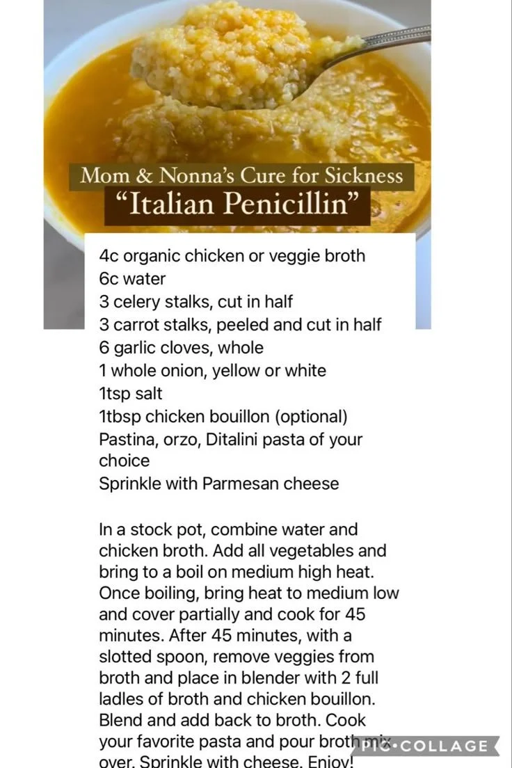 A bowl of Italian penicillin soup with fresh herbs and vegetables