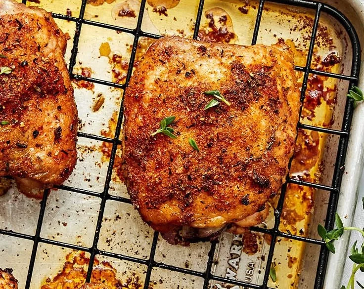 Deliciously baked chicken thighs served on a plate garnished with herbs