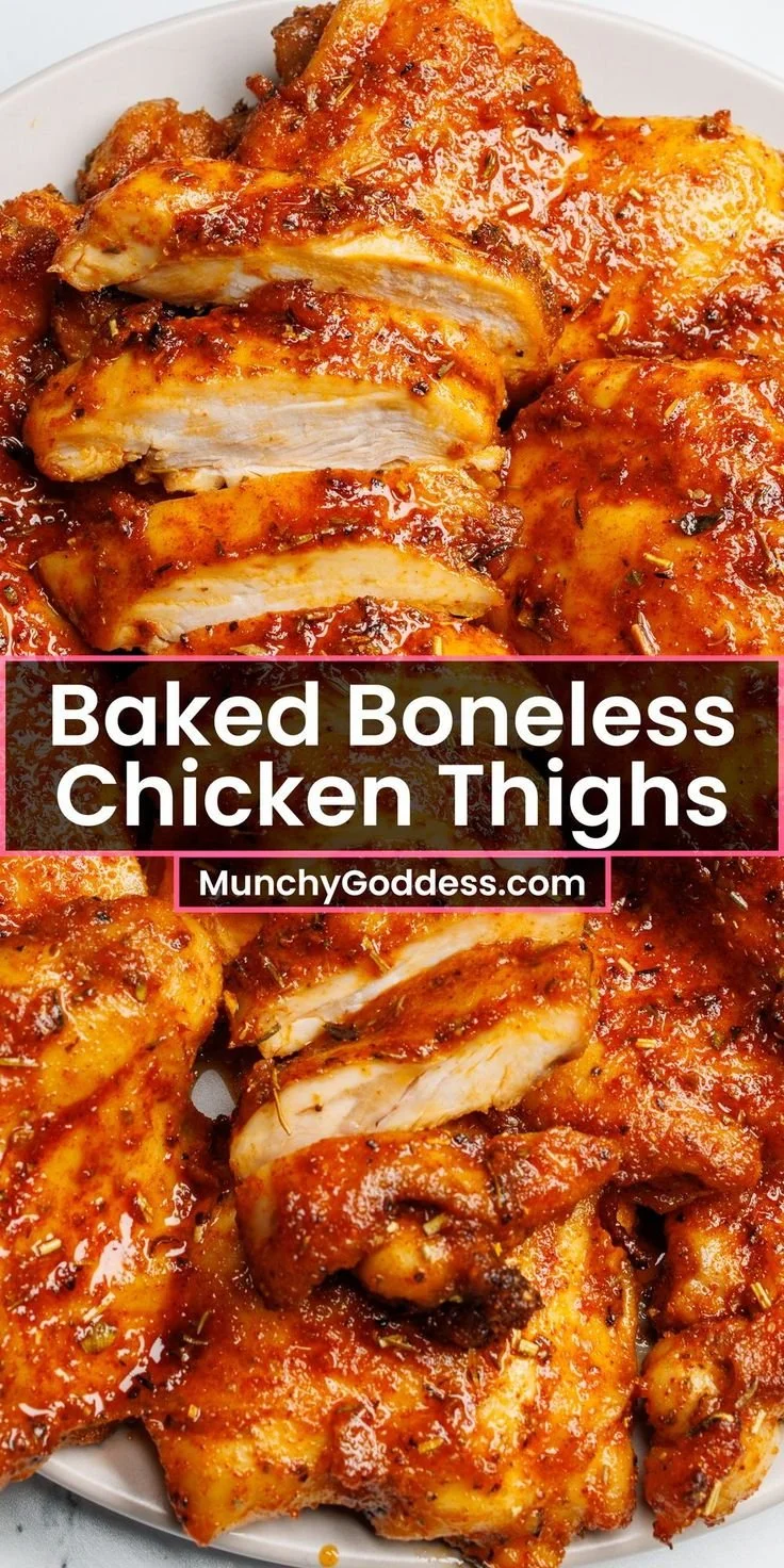 Juicy baked boneless chicken thighs on a plate, garnished with herbs.