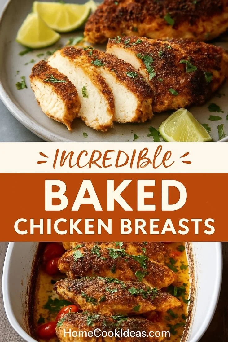Juicy baked chicken breasts on a plate garnished with herbs