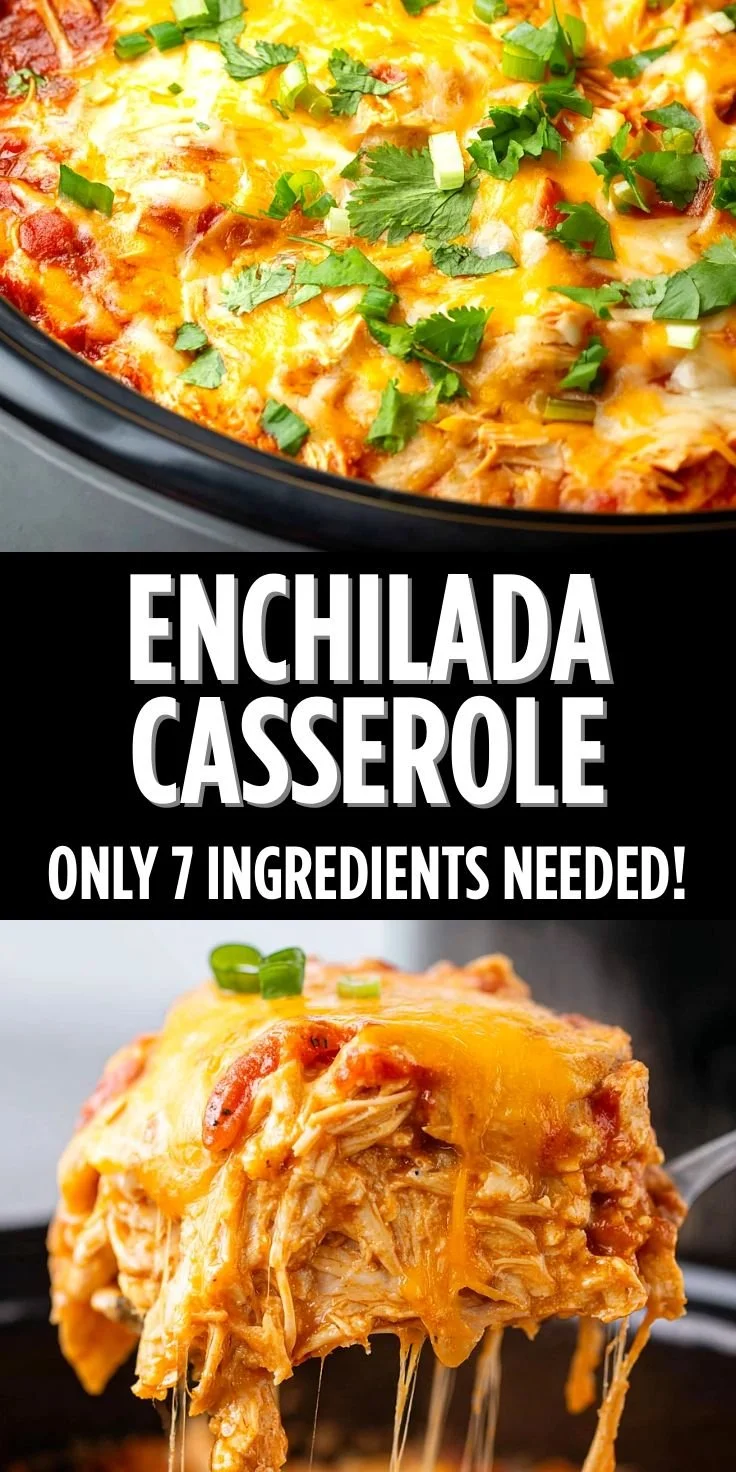 Juicy Crockpot Chicken Enchilada Casserole served in a dish