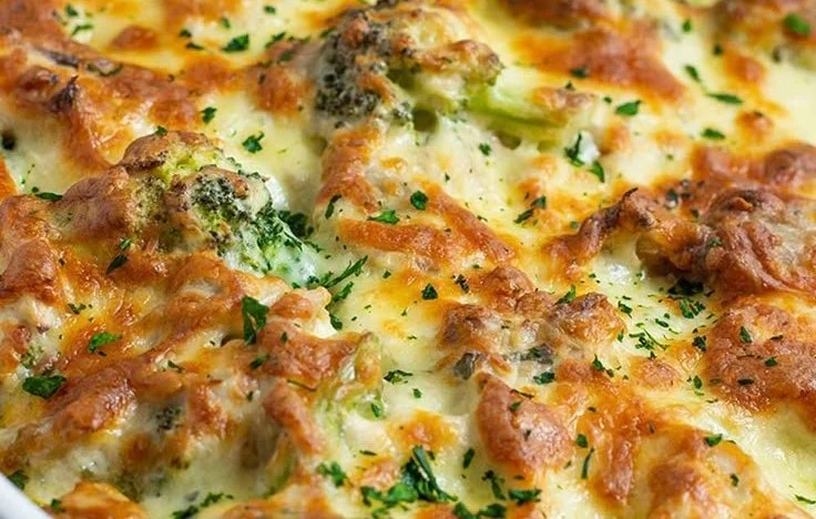 Keto Chicken Broccoli Casserole served in a dish with cheese and herbs