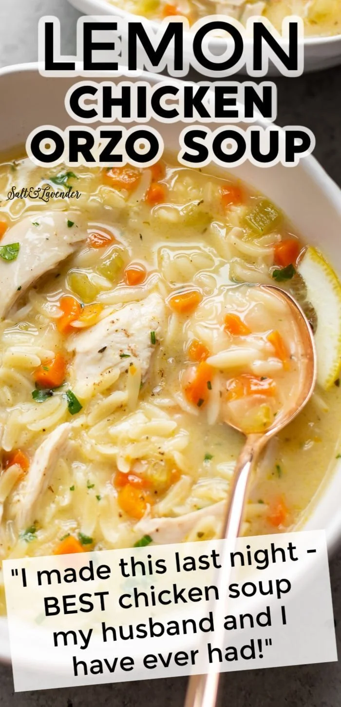 Bowl of Lemon Chicken Orzo Soup with fresh herbs and lemon slices