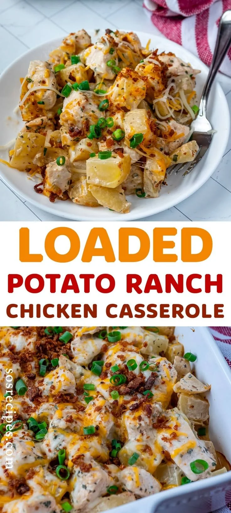 Loaded Potato Ranch Chicken Casserole topped with cheese and herbs