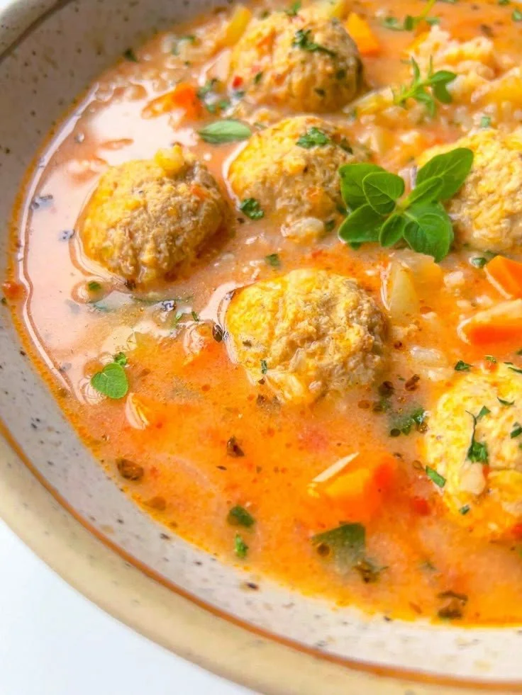 Bowl of hearty meatball soup with vegetables and meatballs