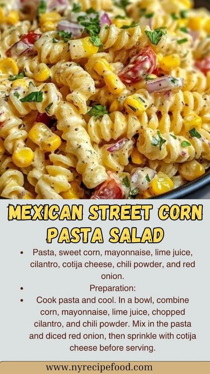 Colorful Mexican street corn pasta salad with fresh vegetables and cheese