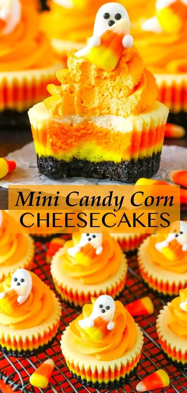 Mini candy corn cheesecakes, a festive Halloween dessert idea