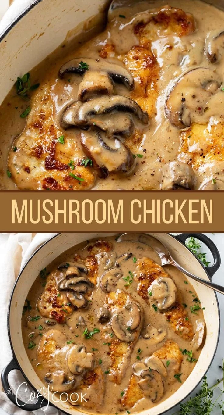 Plate of Mushroom Chicken with sautéed mushrooms and herbs