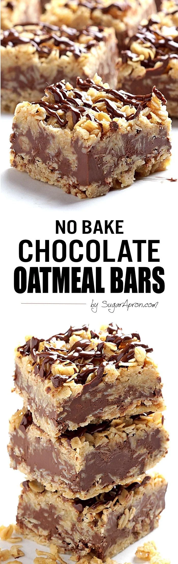 No bake chocolate oatmeal bars with chocolate drizzle on a plate
