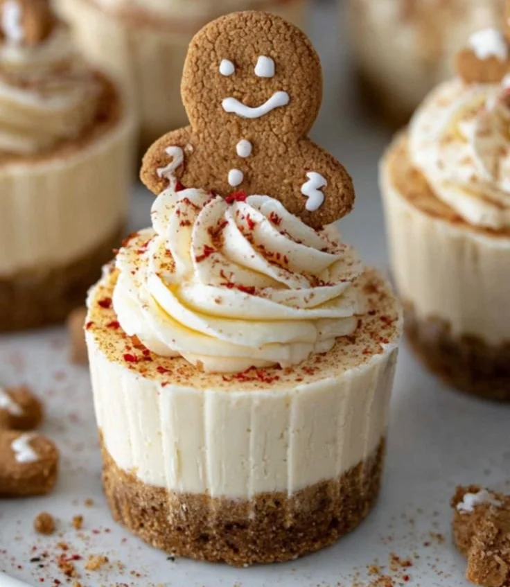 No-bake gingerbread cheesecake cups decorated with festive toppings