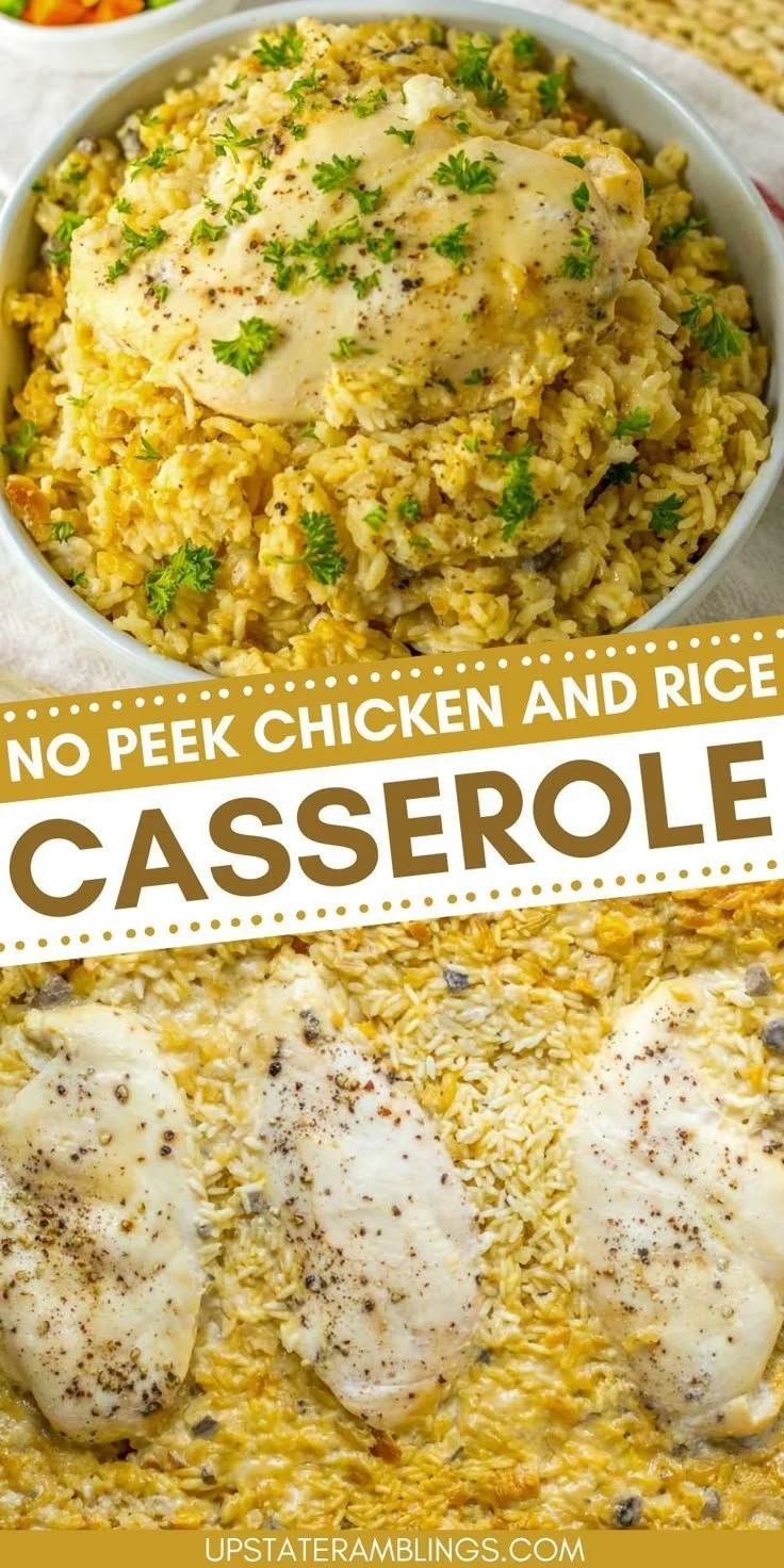 No Peek Chicken and Rice Casserole served in a rustic baking dish