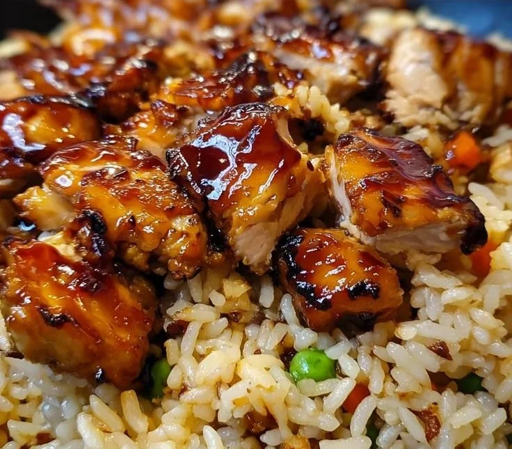 One-Pan Bold Honey BBQ Chicken Rice dish prepared with honey and BBQ sauce.