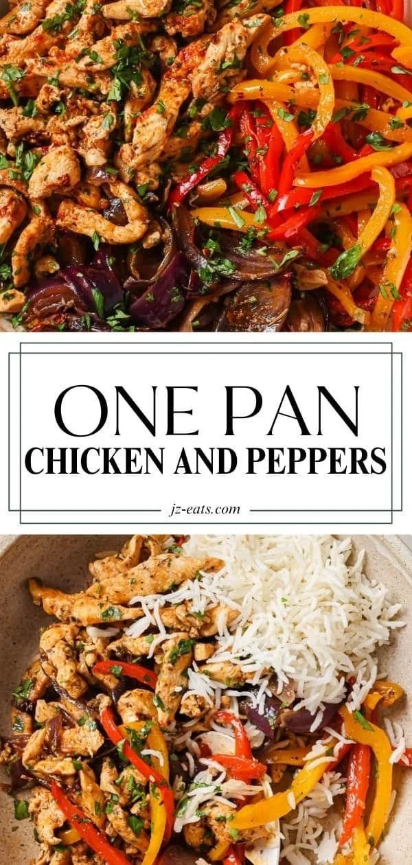One Pan Chicken and Peppers dish with colorful vegetables and herbs