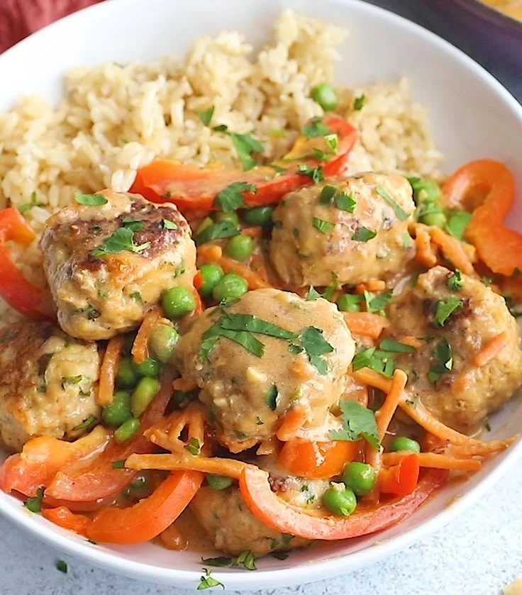 One Pan Ginger Chicken Meatballs with Thai Peanut Sauce