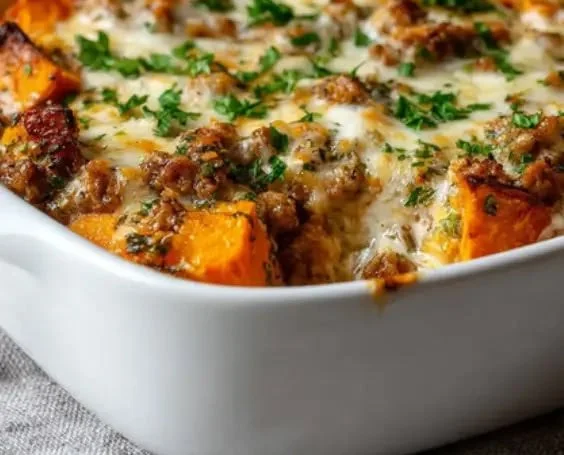One pan ground turkey and sweet potato casserole dish ready to serve