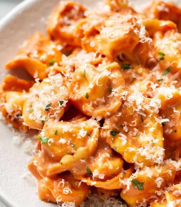 One Pan Tortellini with Creamy Tomato Sauce served in a skillet