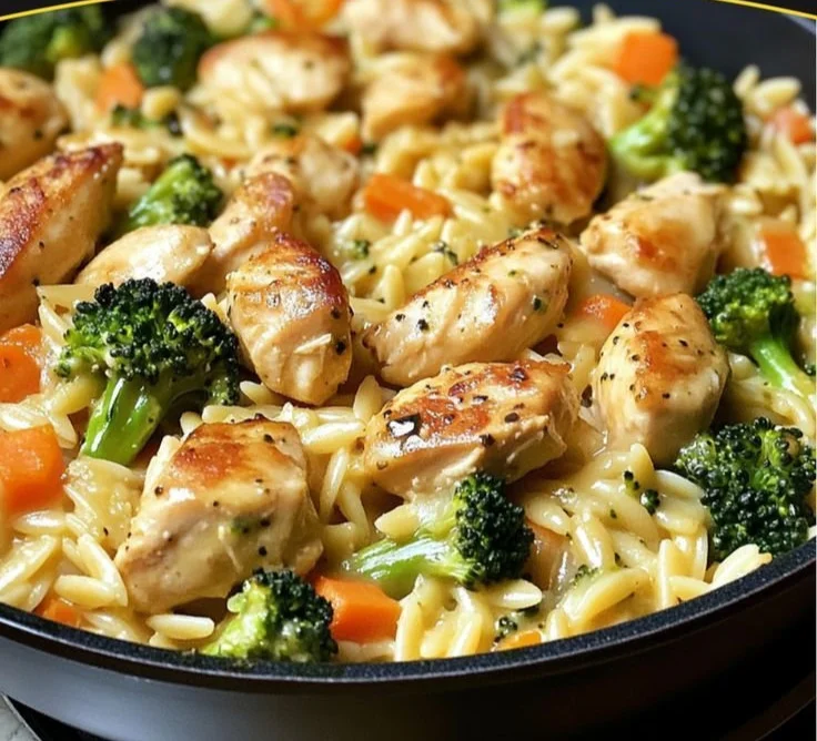 One pot cheesy chicken and broccoli orzo dish cooked with creamy sauce