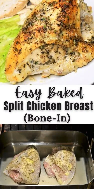 Oven baked bone-in chicken breasts served on a plate with herbs