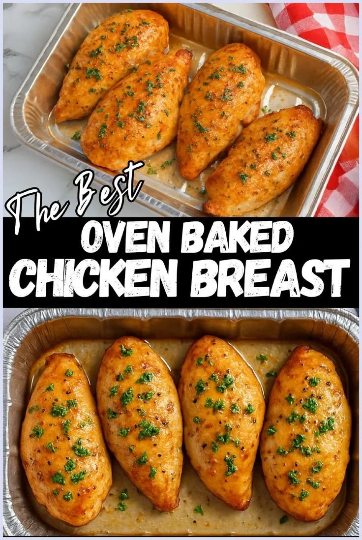 Oven baked chicken breast served on a plate with herbs.