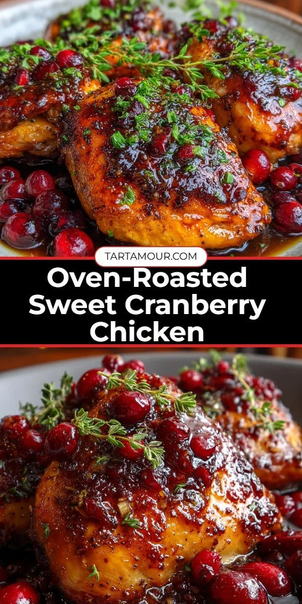 Oven-roasted sweet cranberry chicken garnished with herbs and cranberries