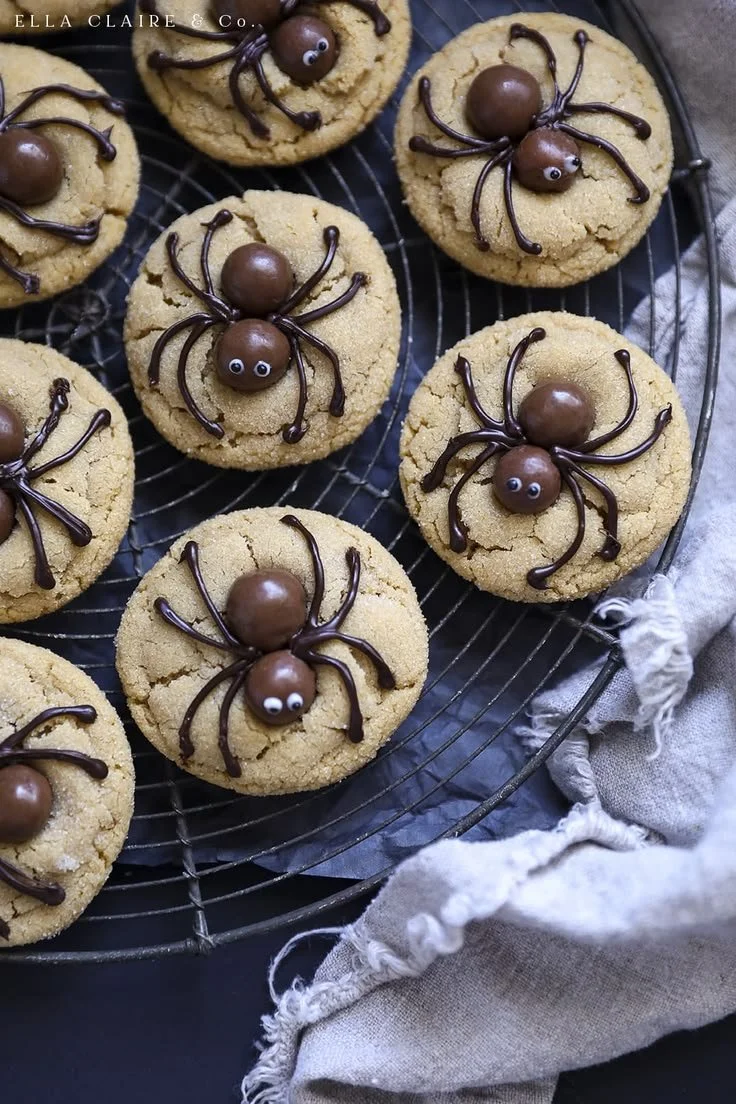 Peanut Butter Spider Cookies with chocolate legs and candy eyes for Halloween