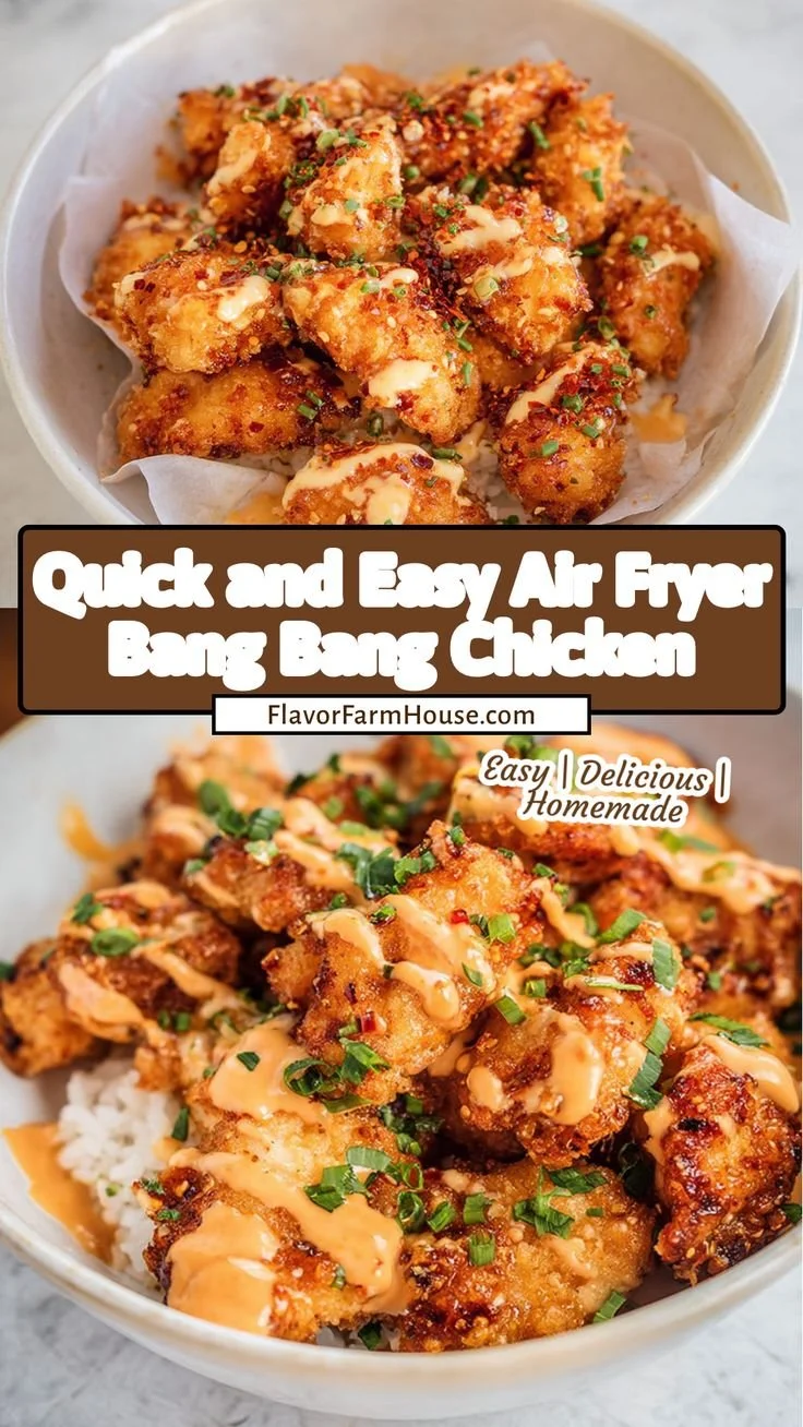 Air Fryer Bang Bang Chicken served with dipping sauce and garnish