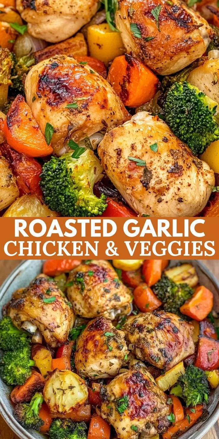 Roasted garlic chicken served with a medley of colorful vegetables