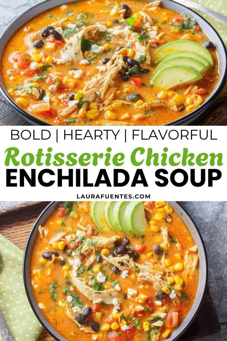 Bowl of Rotisserie Chicken Enchilada Soup with toppings