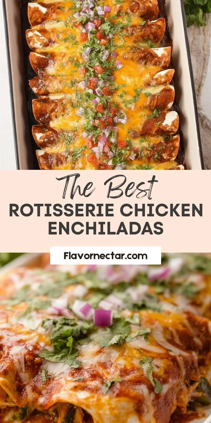 Delicious rotisserie chicken enchiladas topped with cheese and served with salsa.