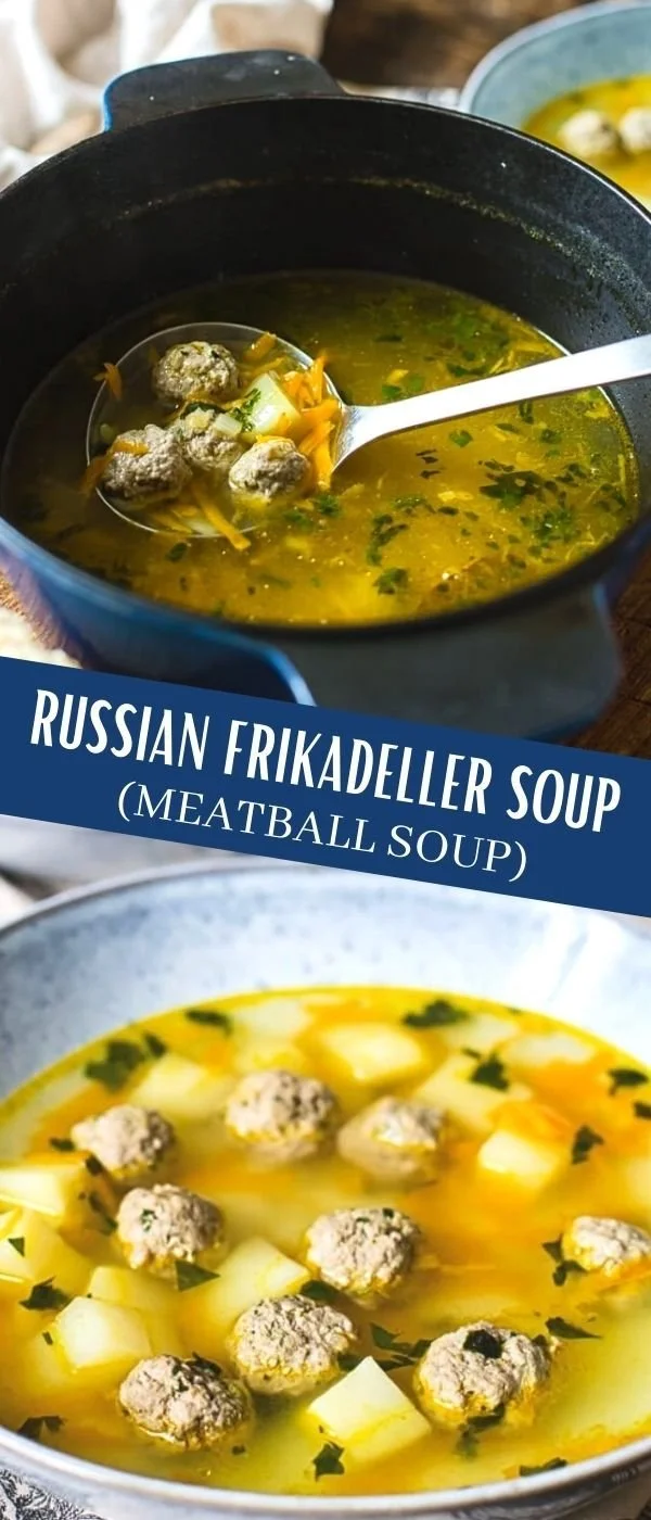 Bowl of Russian frikadeller soup featuring delicious meatballs and vegetables