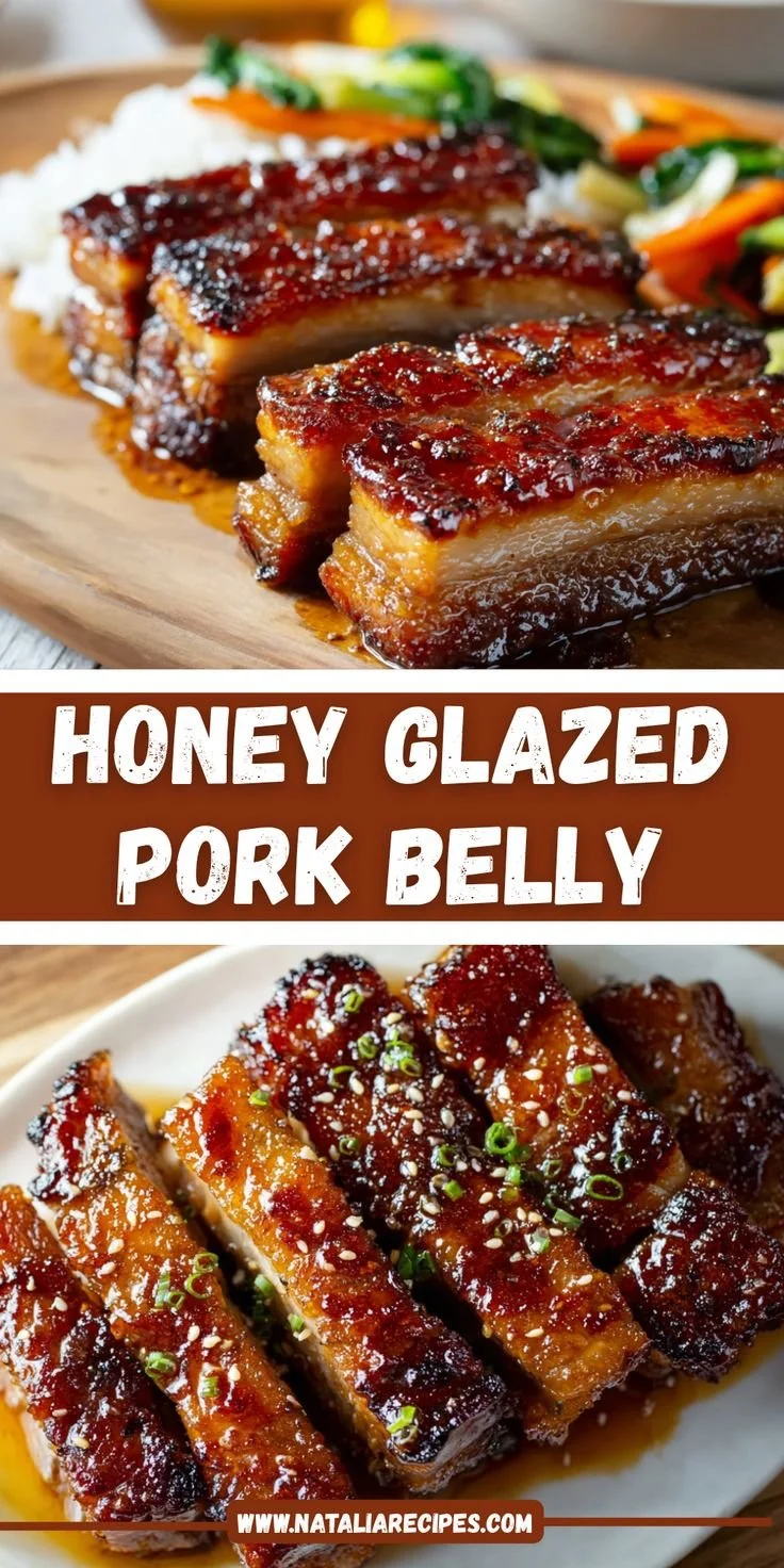 Savory honey glazed pork belly, sticky and tender, garnished beautifully.