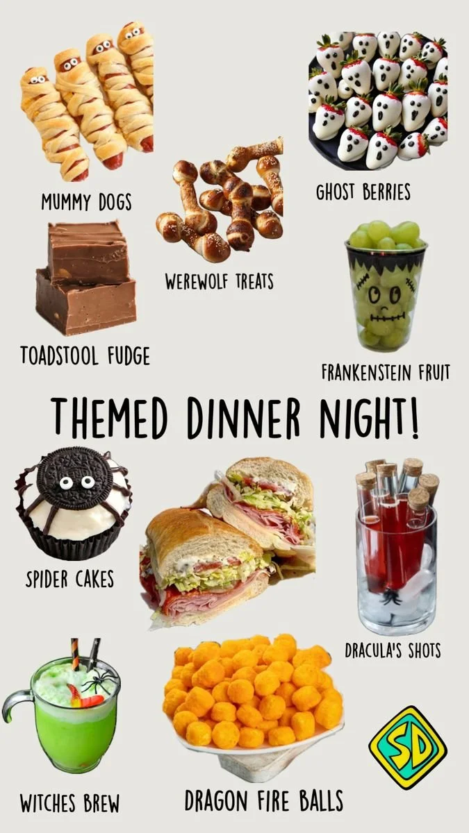 Scooby Doo dinner setup with themed food and decorations