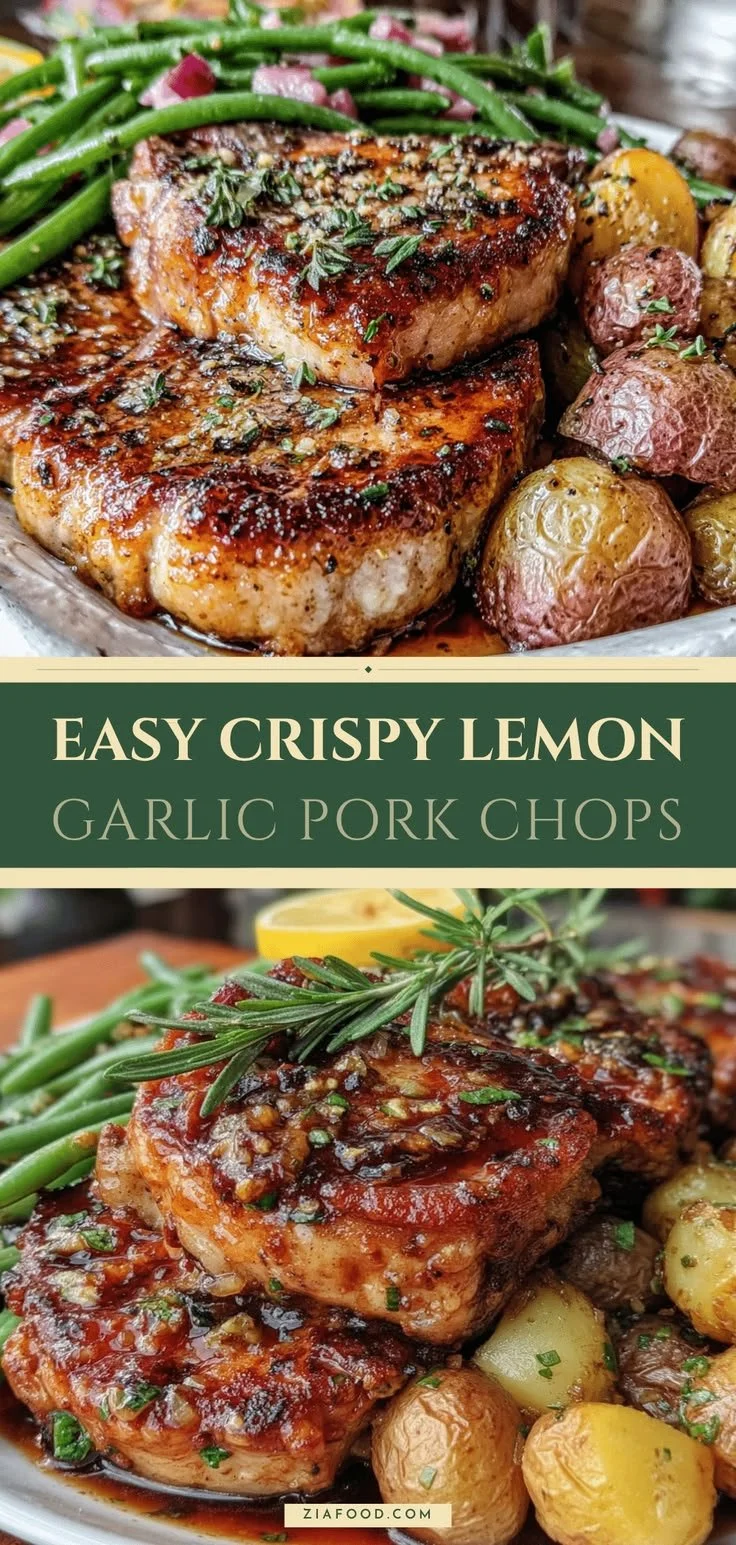 Sheet pan with lemon garlic pork chops and vegetables ready to serve for dinner