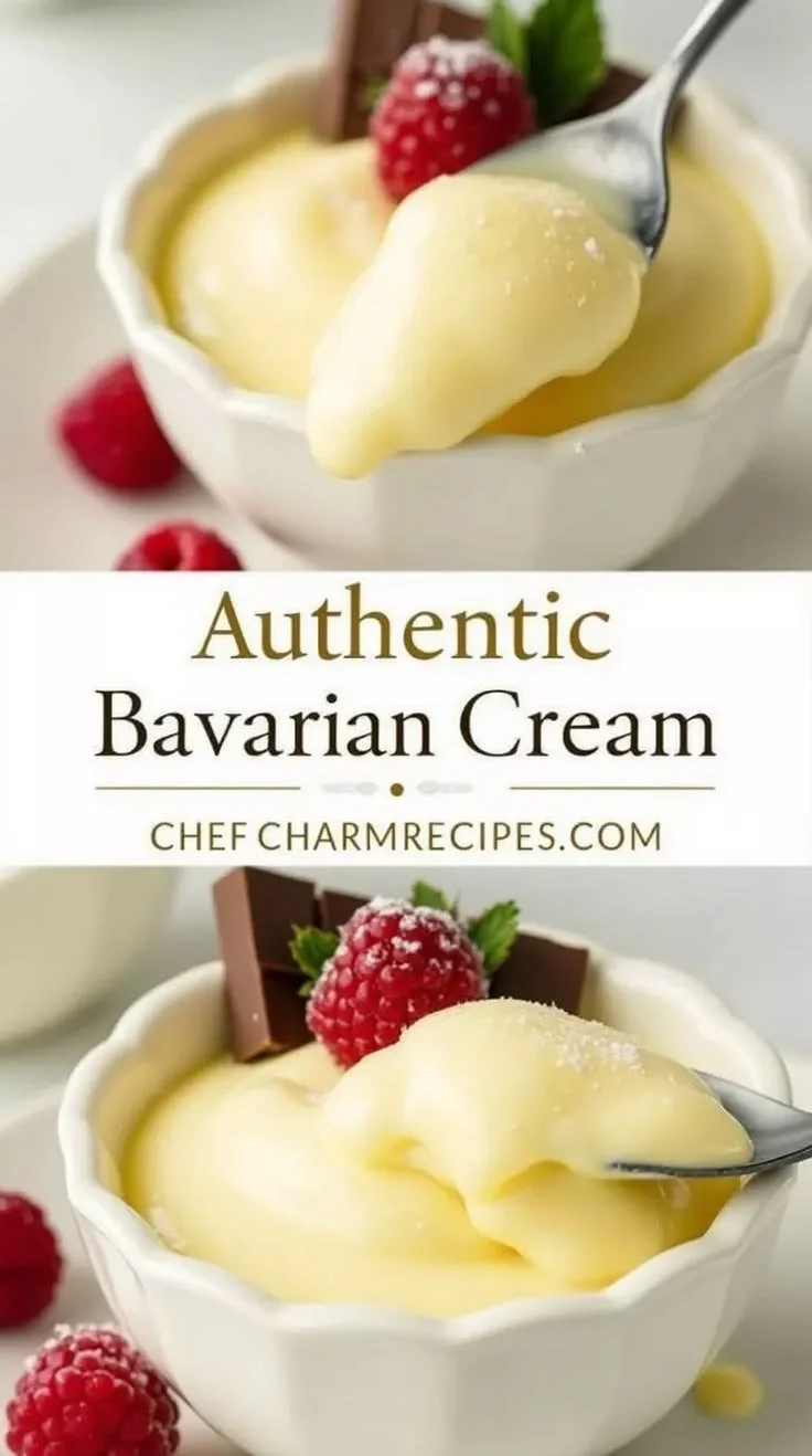 A bowl of silky Bavarian cream garnished with fresh berries and mint leaves.