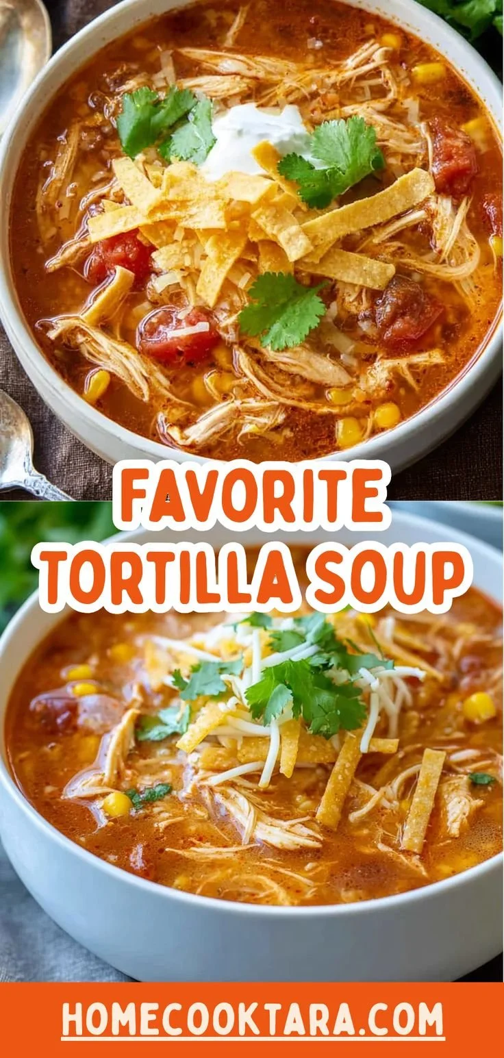 Comforting bowl of Crockpot chicken tortilla soup garnished with tortilla chips