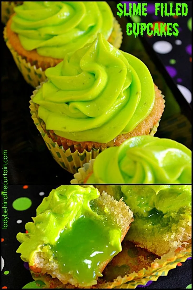 Festive Slime Filled Coconut Lime Halloween Cupcakes with spooky decorations