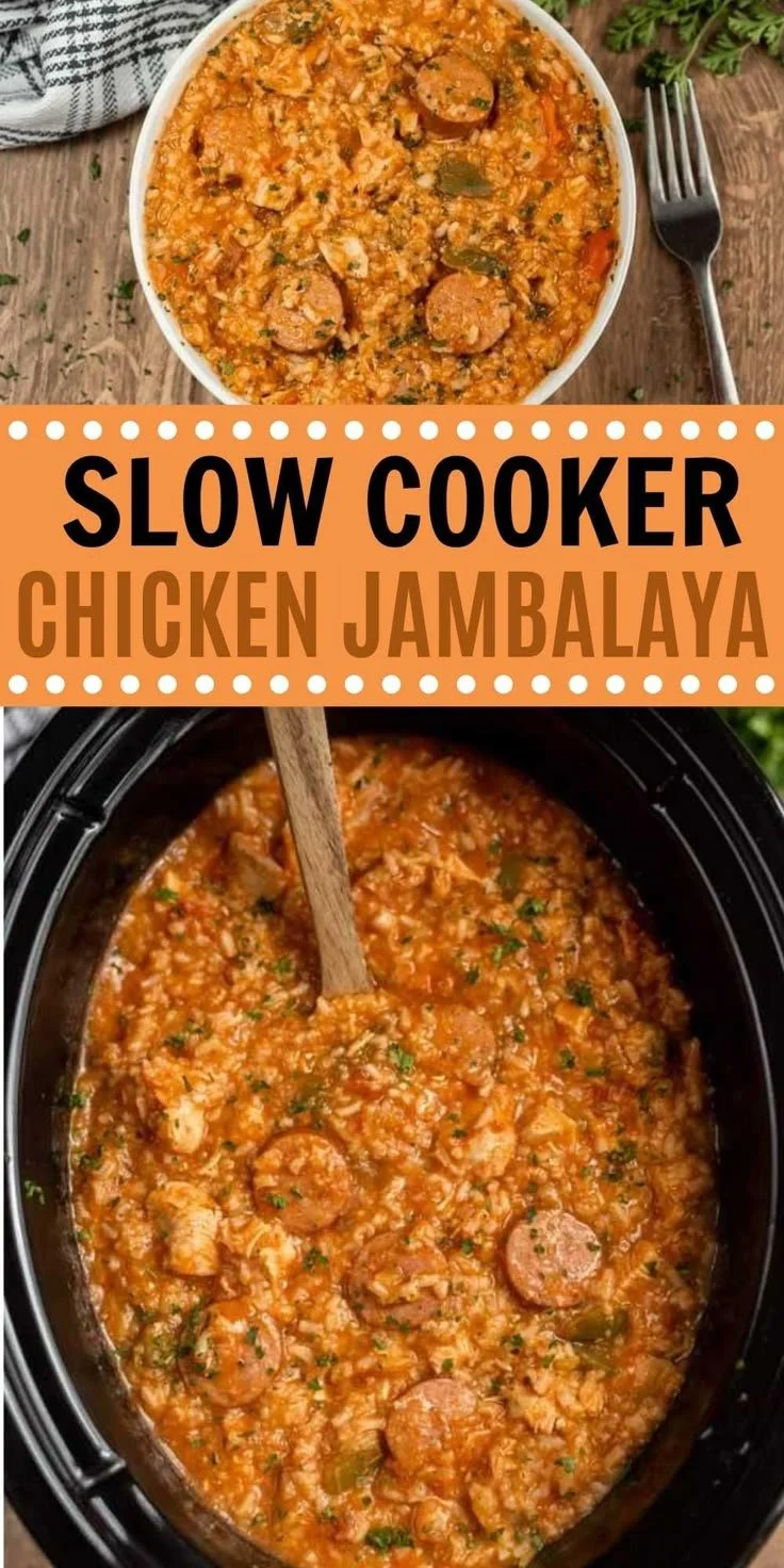 Bowl of Slow Cooker Chicken Jambalaya with rice, chicken, and spices.