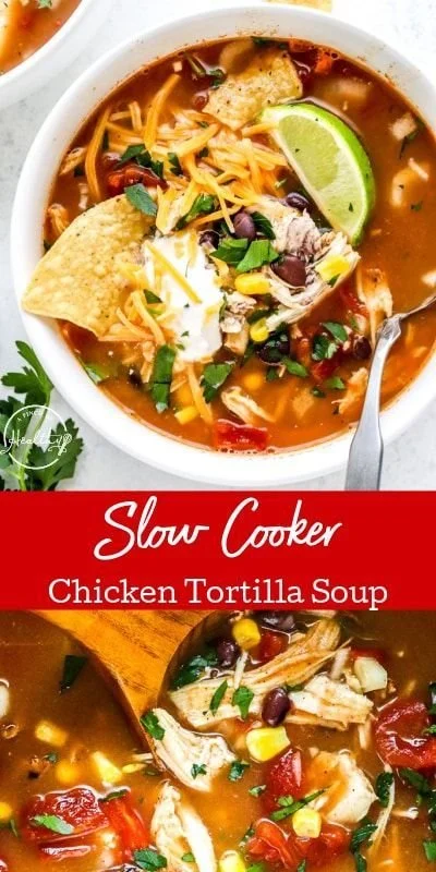 Bowl of Slow Cooker Chicken Tortilla Soup topped with tortilla strips and avocado