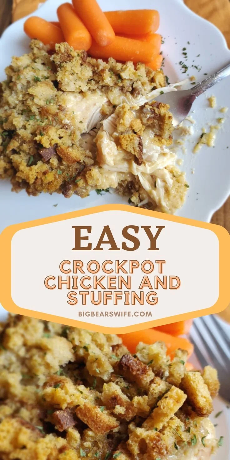 Slow Cooker Chicken with Stuffing served in a crock pot, perfect comfort food.