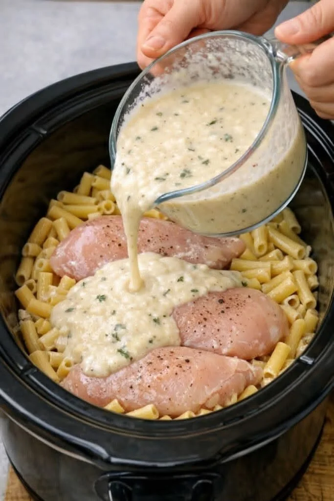 Slow cooker creamy garlic parmesan chicken served in pasta shells