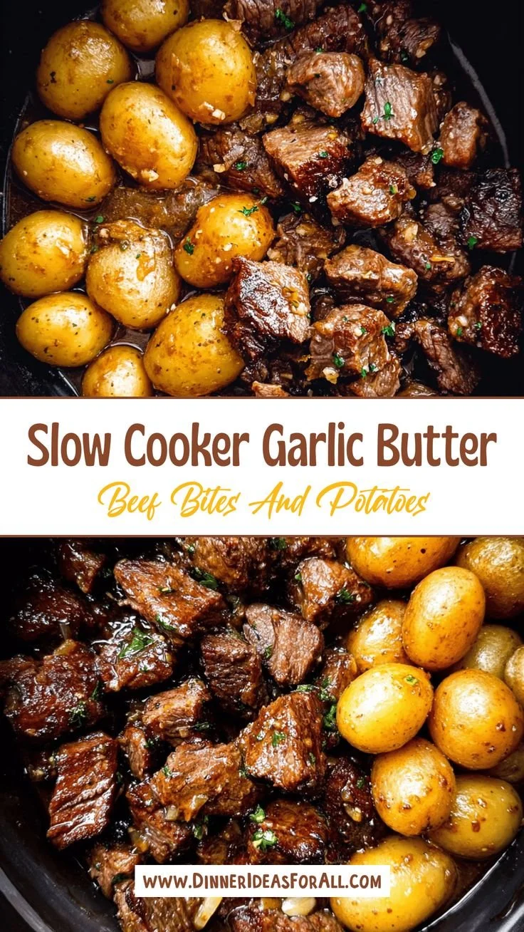 Slow cooker garlic butter beef bites served with potatoes