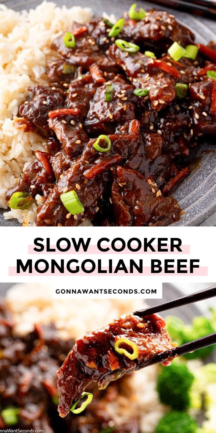 Delicious Slow Cooker Mongolian Beef served with vegetables over rice.